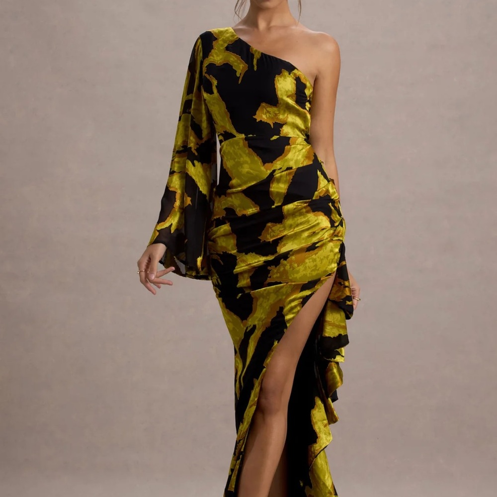 Club L London | One-Shoulder Black and Green Maxi Dress | NWT | US 4 UK 8